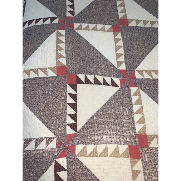 Antique 1920's Lady of the Lake Quilt Large Square Brown Red Hand Stitched Old - Picture 2 of 12